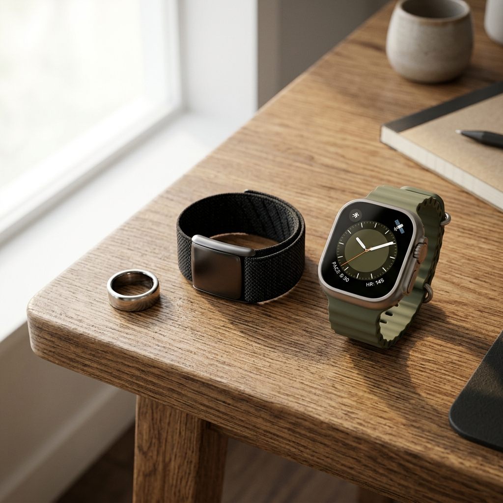 Several wearable health tracking devices arranged together as alternatives to a smart ring