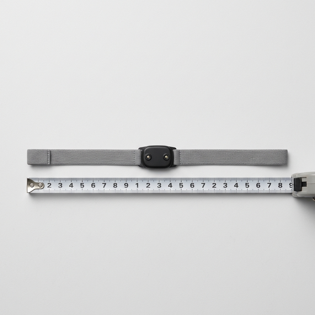 Upper-arm sleep tracking band laid flat beside a measuring tape