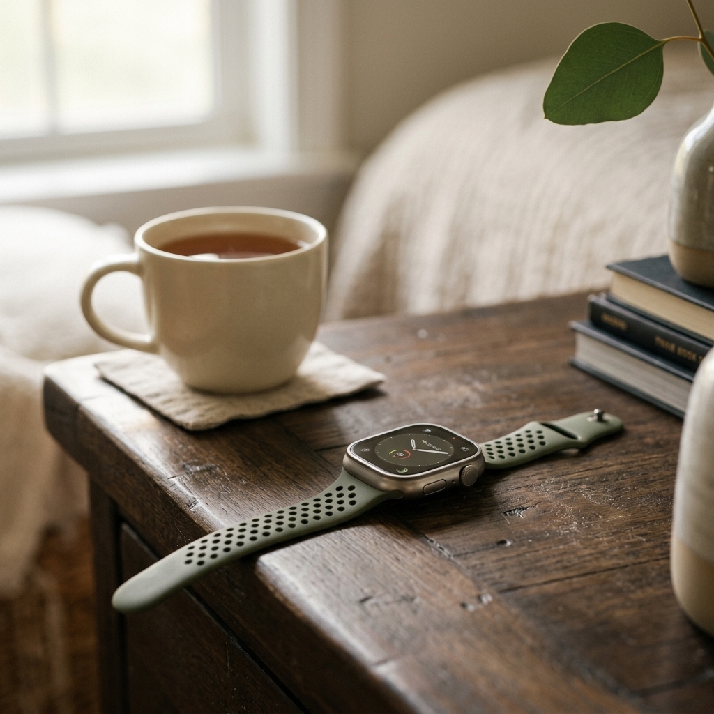 Sports smartwatch resting on a nightstand, representing Garmin sleep tracking accuracy