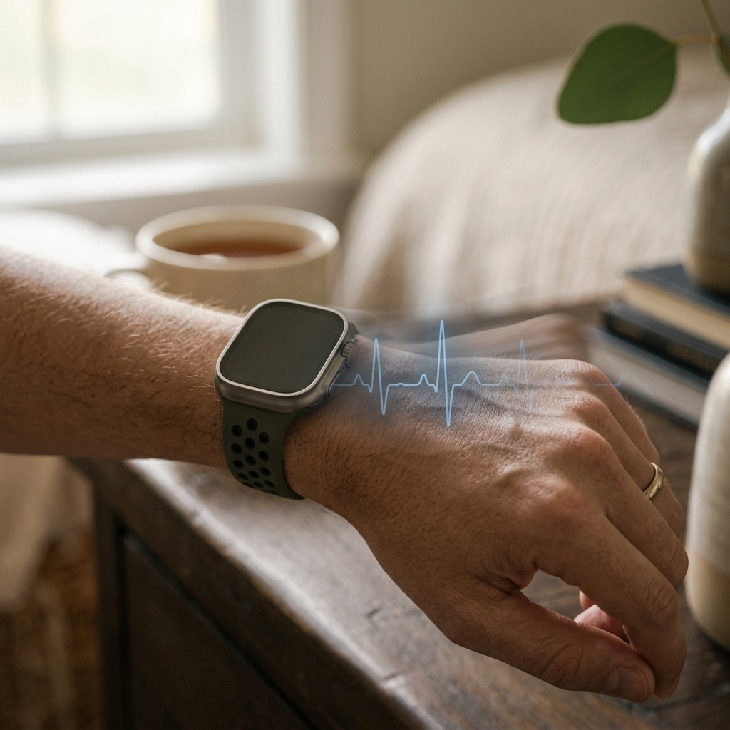 Smartwatch on a wrist with a subtle heartbeat line illustrating overnight sensor tracking