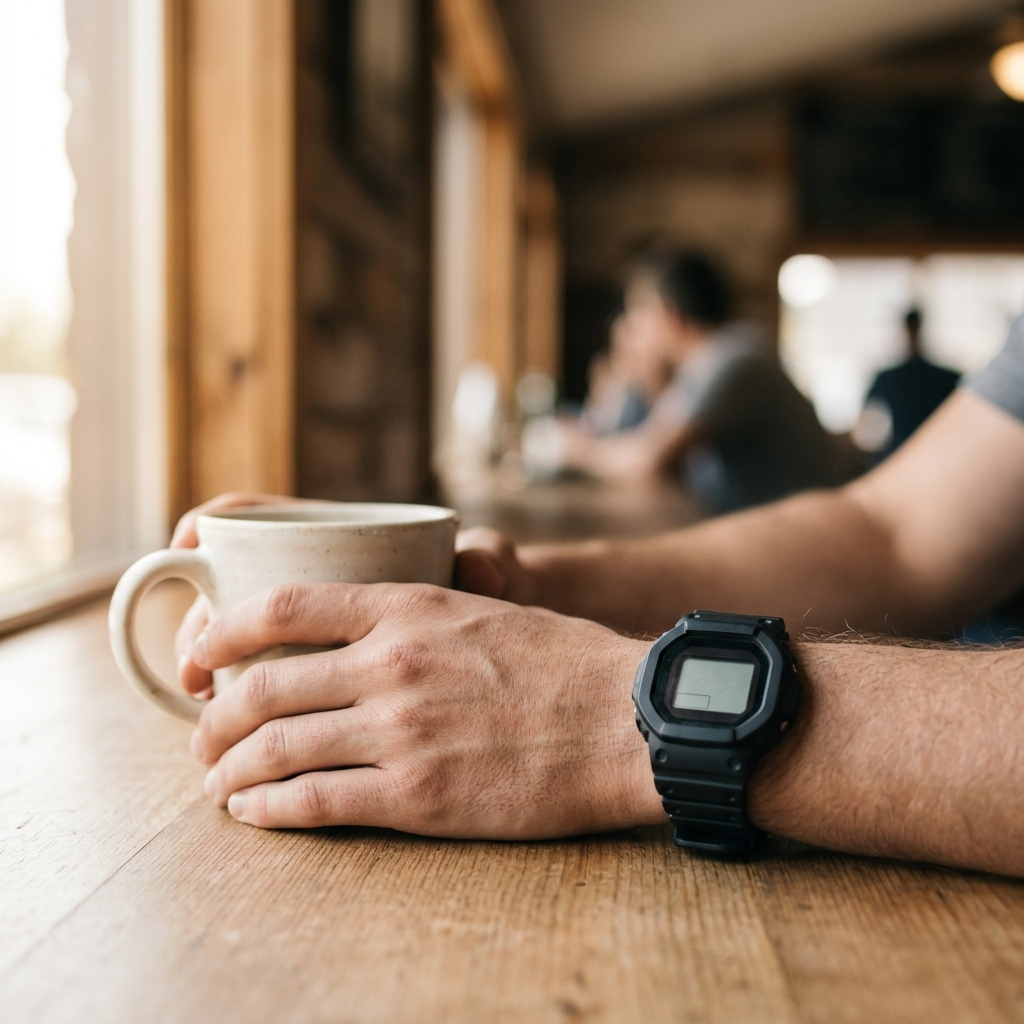 Person wearing a sports watch during a relaxed morning routine