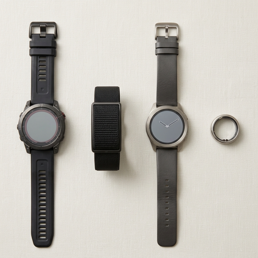 Four different wearable sleep tracking devices arranged together for comparison