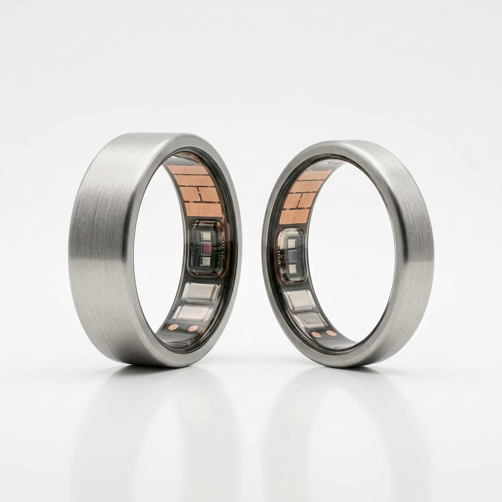 Two generations of smart ring shown side by side, one thinner than the other