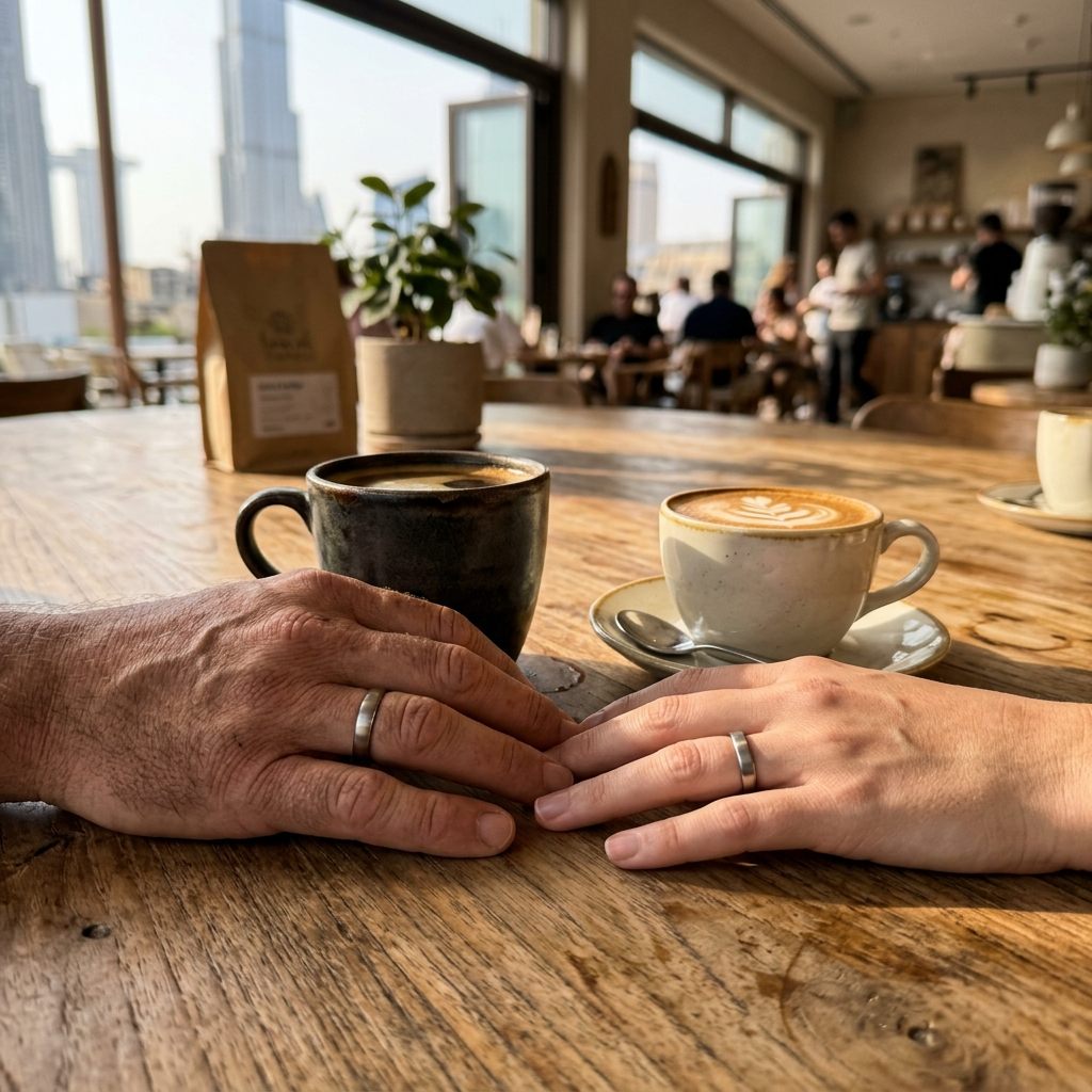 Two people's hands each wearing a titanium smart ring during a casual morning