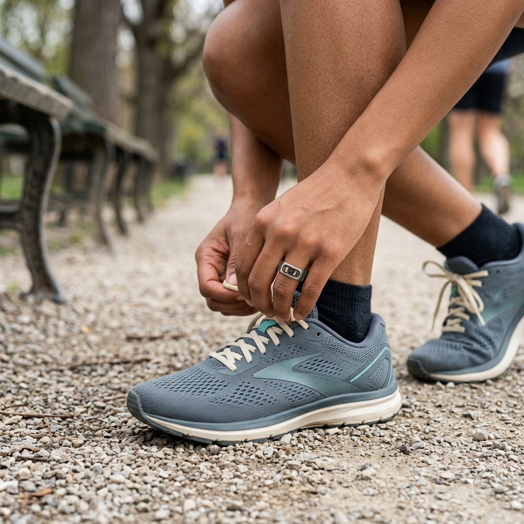 Person wearing a smart ring while preparing for a run outdoors