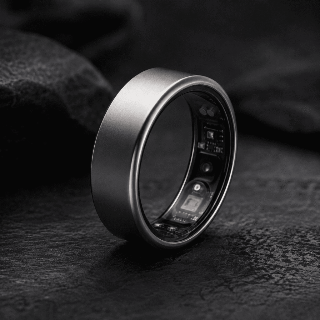 Close-up of a titanium smart ring used for sleep and health tracking