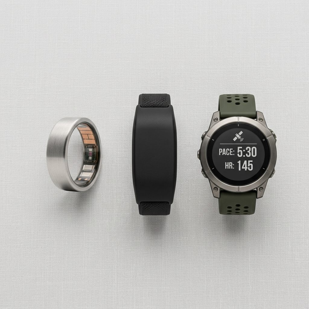 A smart ring, fitness band, and sports watch arranged together for comparison