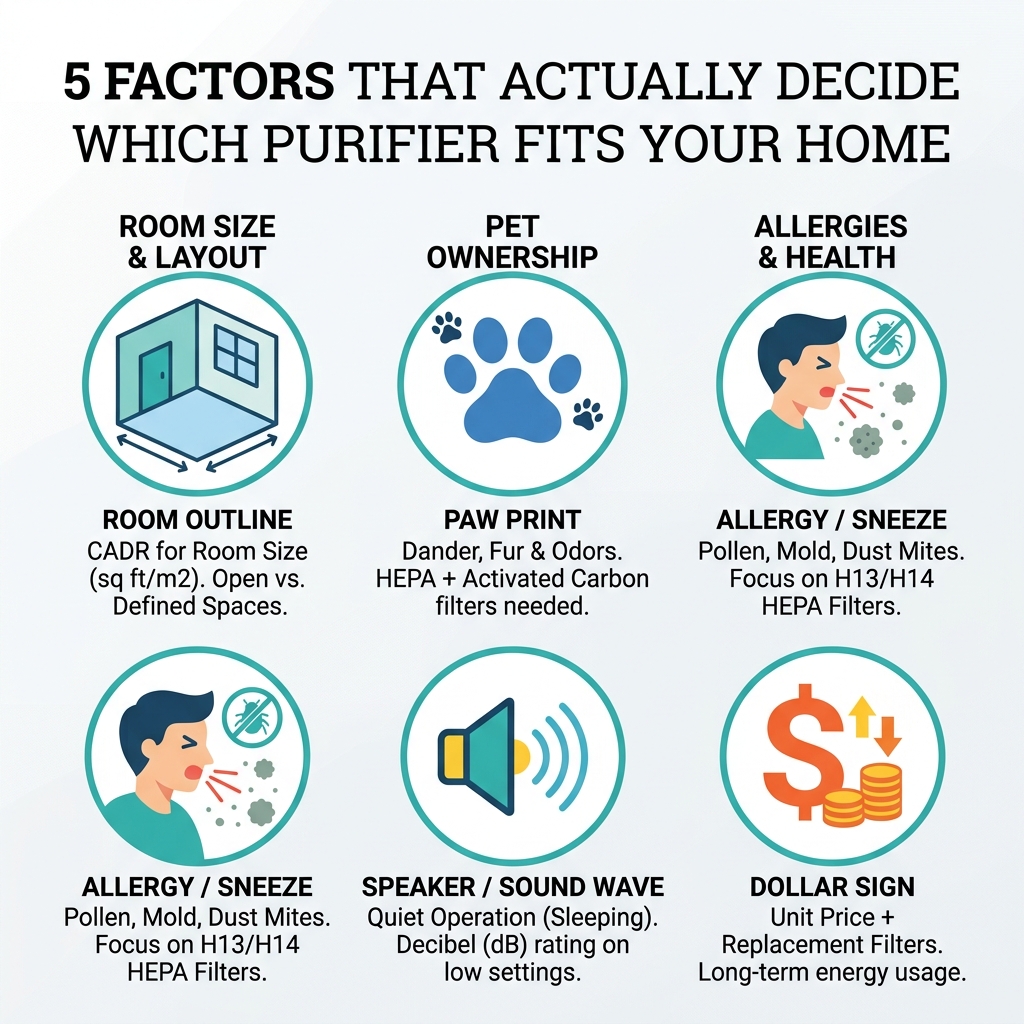 Icons representing room size, pet type, allergies, noise, and budget as air purifier buying factors