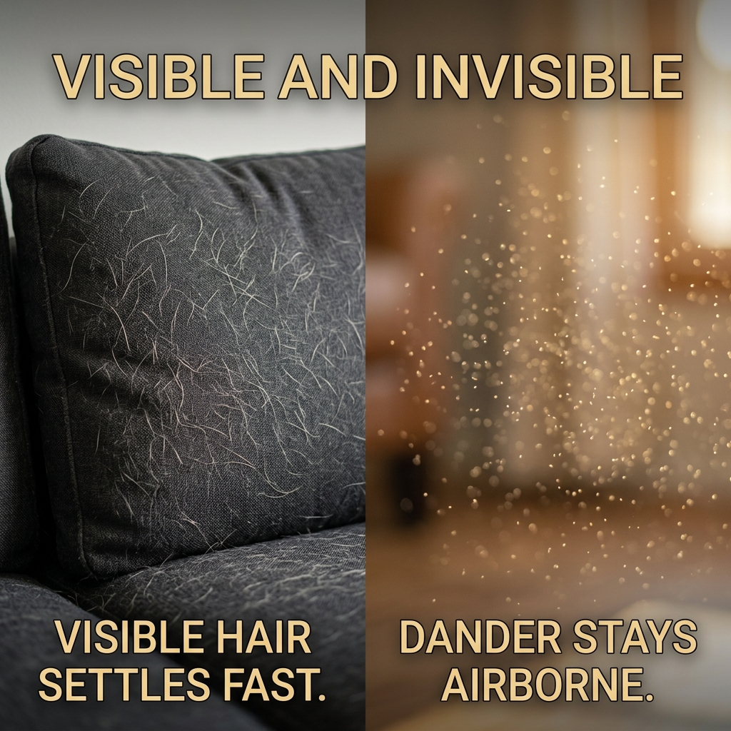 Comparison of visible pet hair on furniture versus airborne dander particles