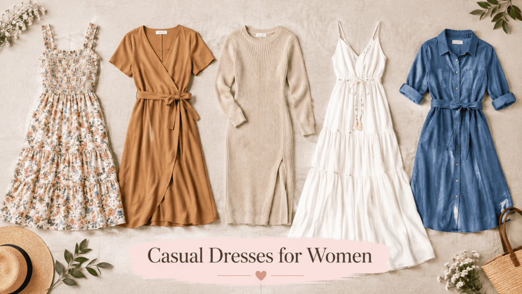 Flat lay of several casual dresses in different colors and styles