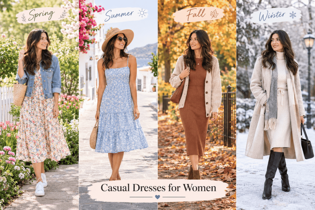 Four casual dress outfits styled for spring, summer, fall, and winter