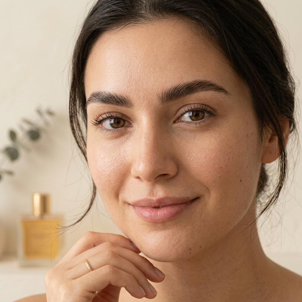 Close-up of naturally shaped, well-defined eyebrows after at-home shaping