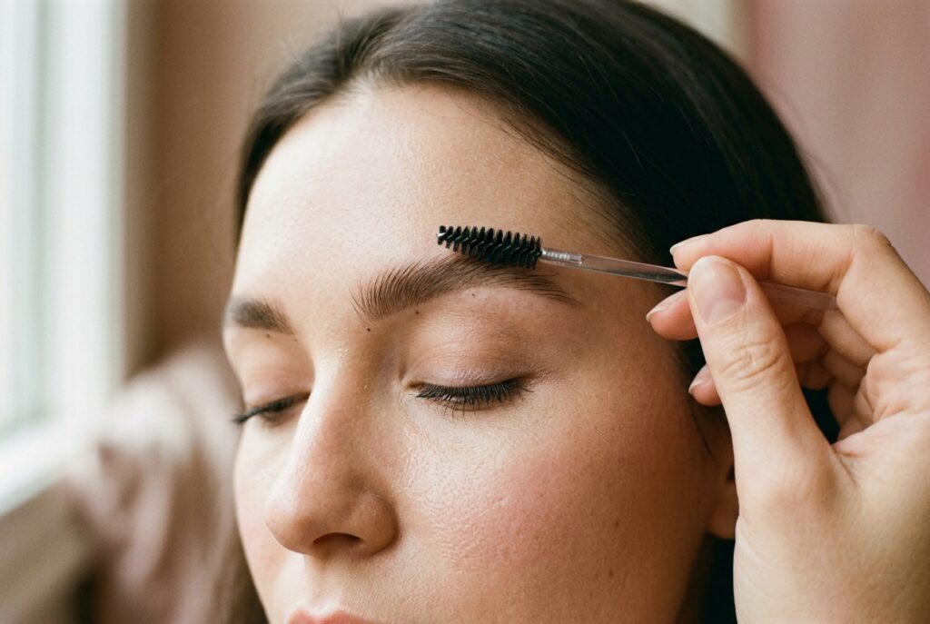Spoolie brush blending a softly filled eyebrow through the natural hair direction 