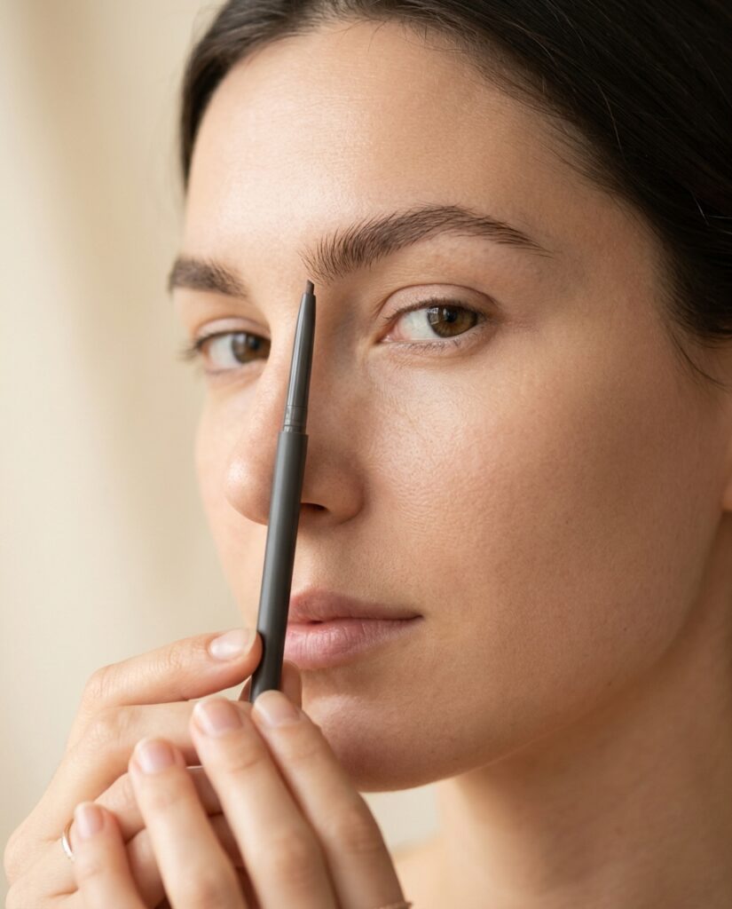 Woman holding a brow pencil vertically against her nostril to find where her eyebrow should begin
