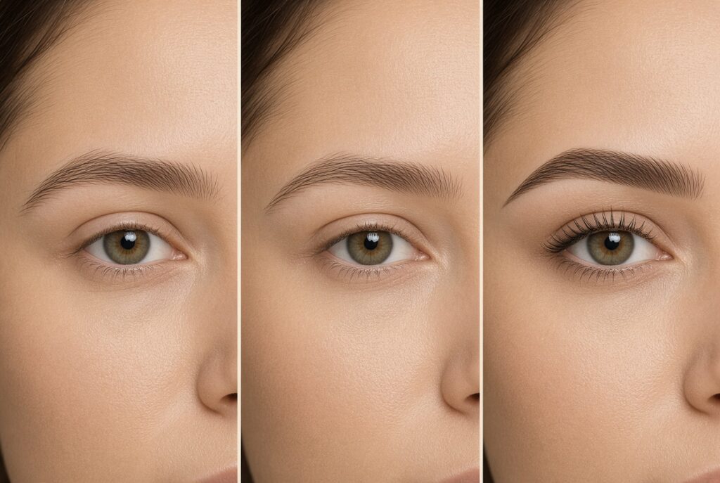 Three close-ups of the same eyes showing natural, soft polished, and defined eyebrow makeup looks 