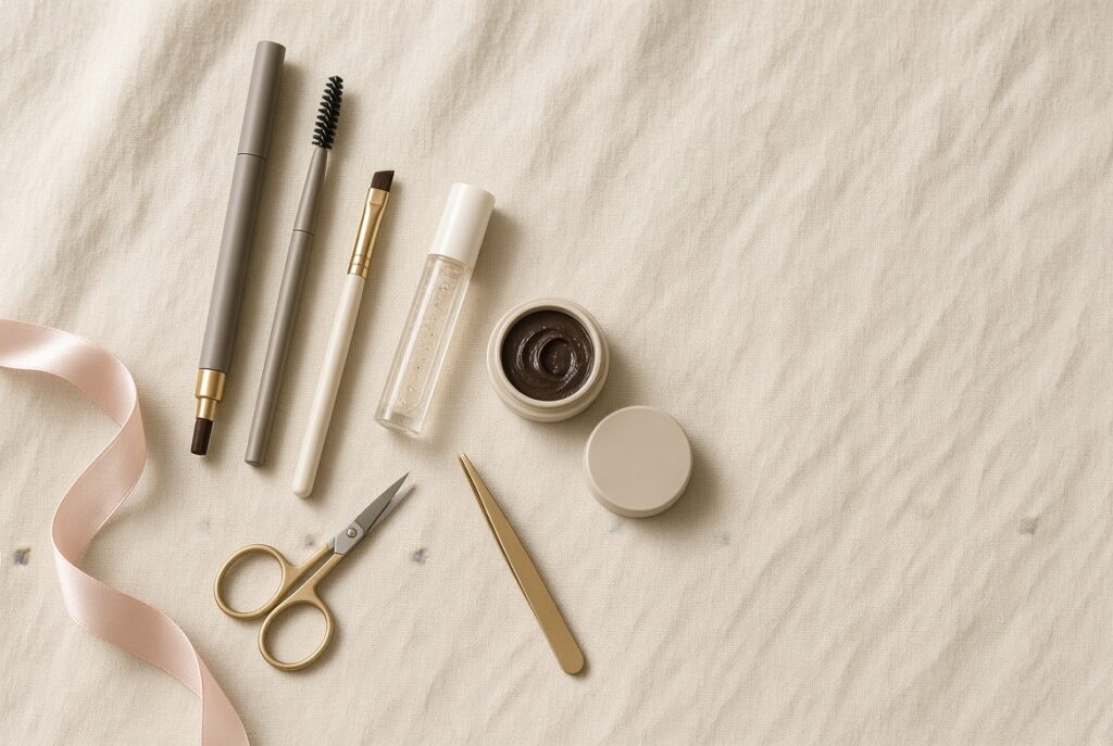 Flat lay of eyebrow makeup tools including a pencil, spoolie, angled brush, brow gel, pomade, tweezers, and scissors on a linen surface