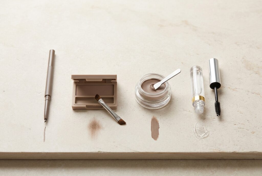 Four eyebrow product types side by side: a pencil, powder with an angled brush, pomade, and clear brow gel