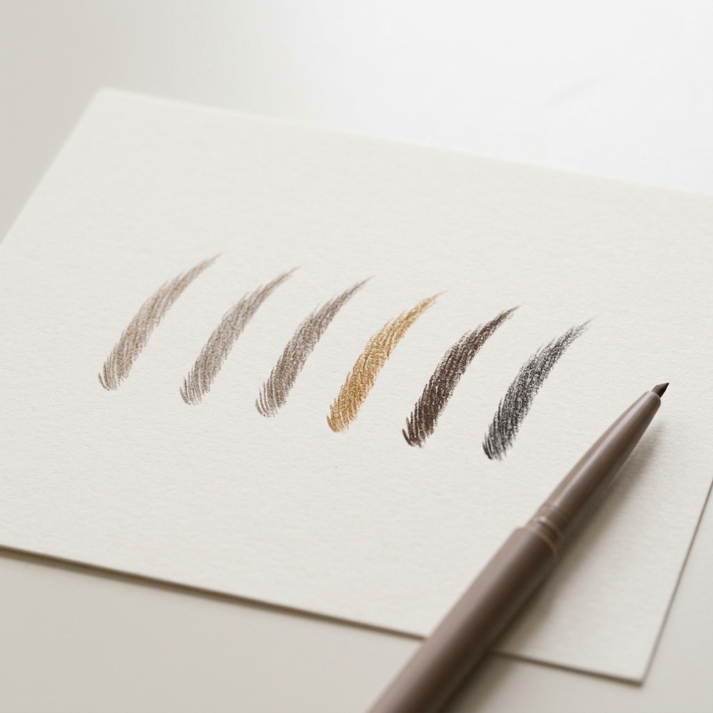 Six eyebrow pencil swatches on white paper, ranging from light taupe to soft black