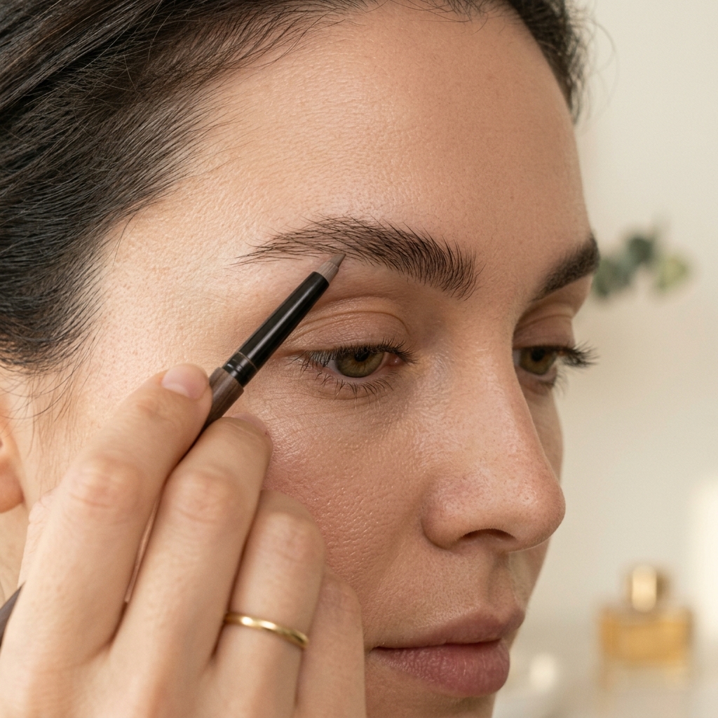 Filling in sparse eyebrow areas with a fine brow pencil using hair-like strokes