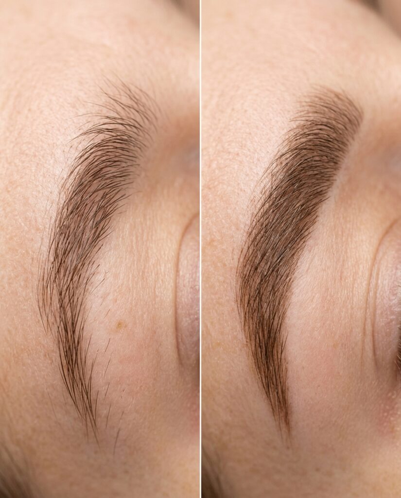 Side-by-side close-up of a sparse eyebrow before and after being filled with fine, natural-looking strokes