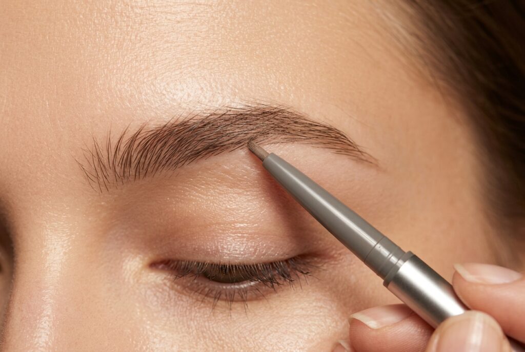 Fine pencil drawing short hair-like strokes into a natural eyebrow