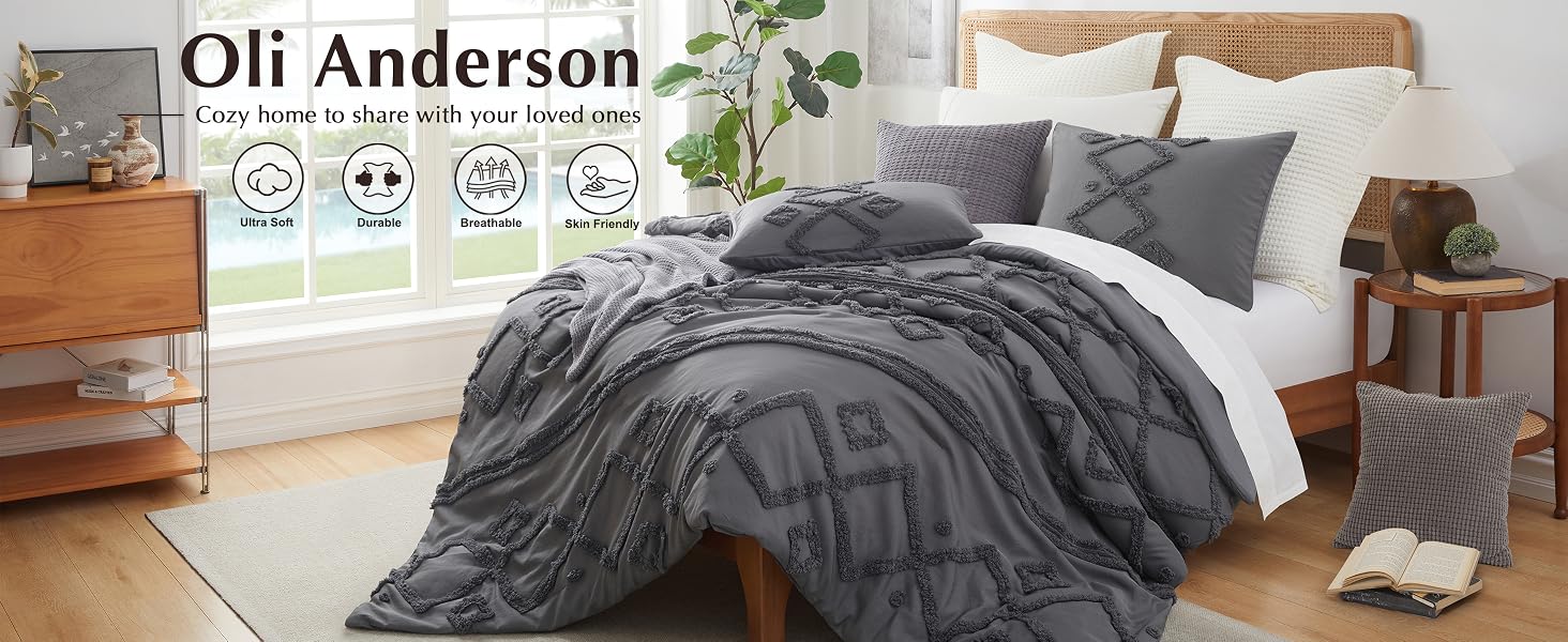 Boho farmhouse bedroom styled with grey tufted comforter