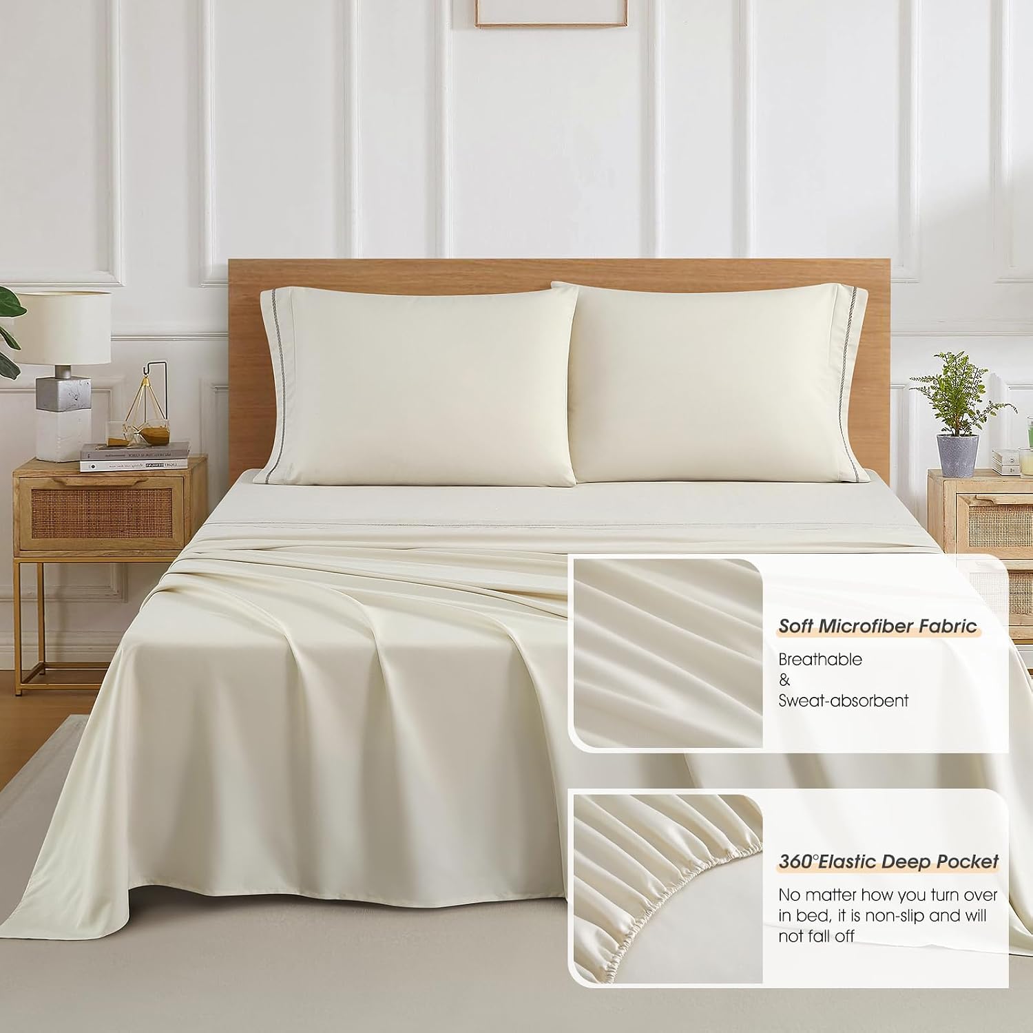 Beige comforter set styled in a neutral bedroom with coordinating curtains