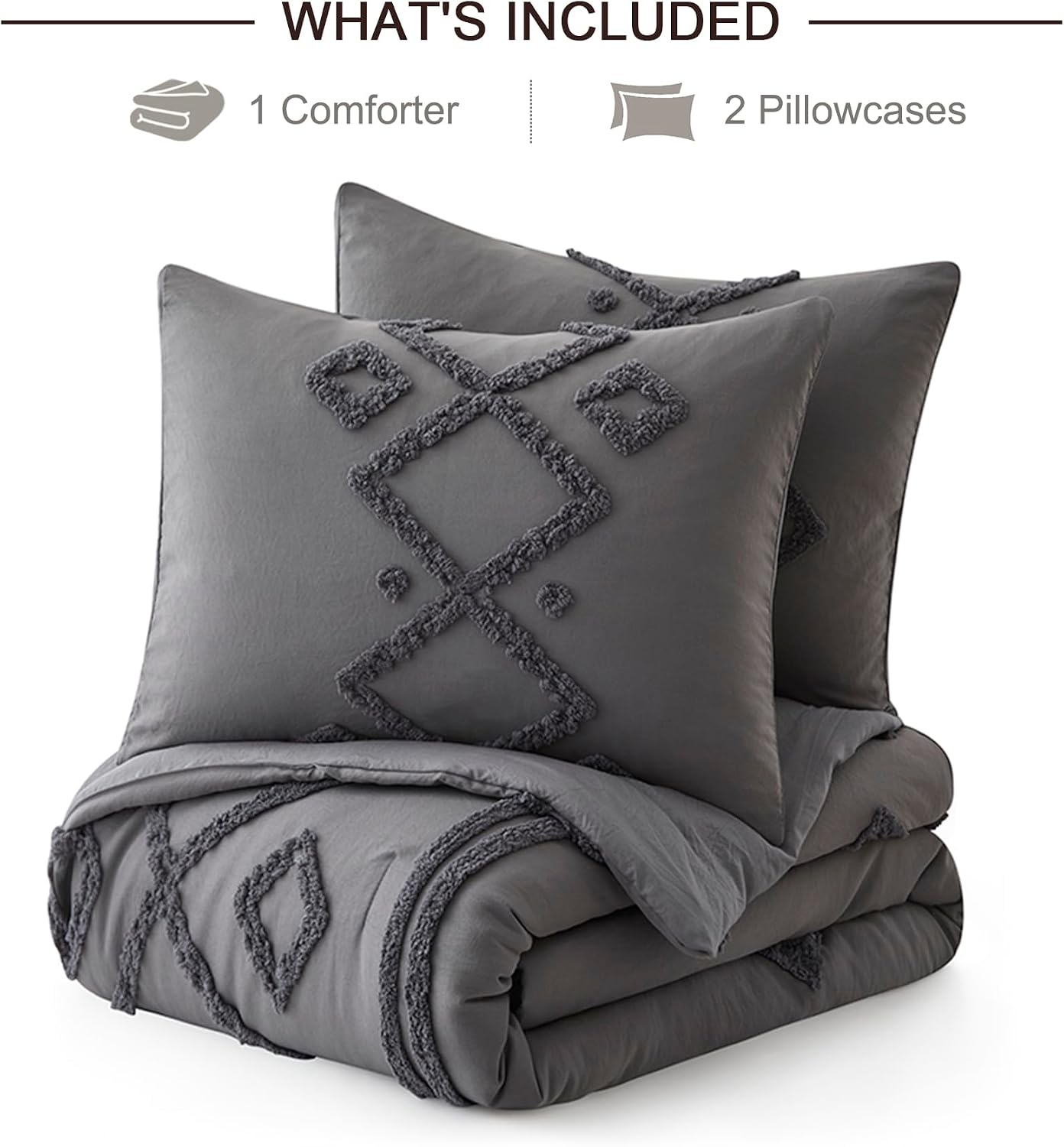 Grey geometric tufted boho comforter set detail shot on king bed