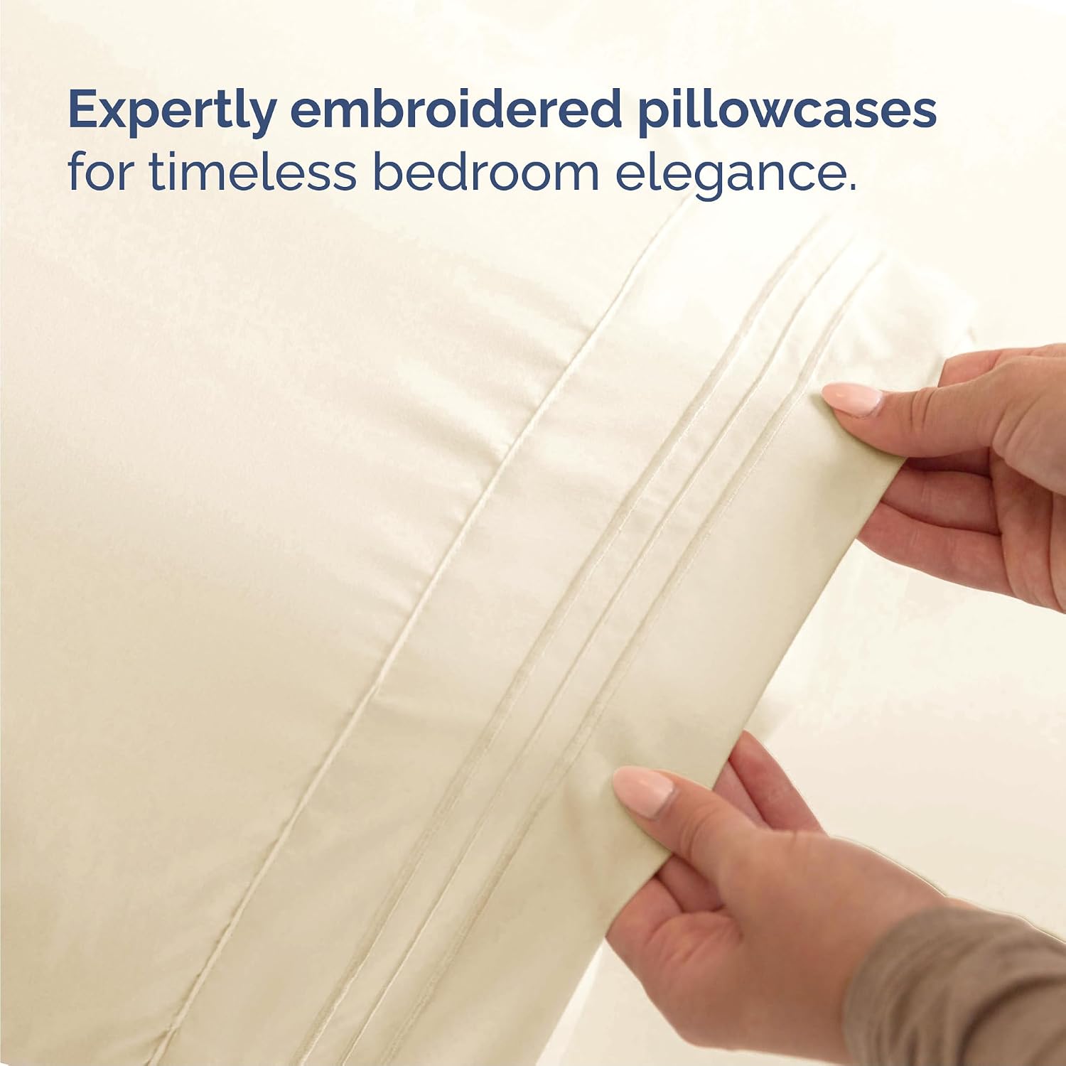 Queen sheet set styled on a bed with matching pillowcases