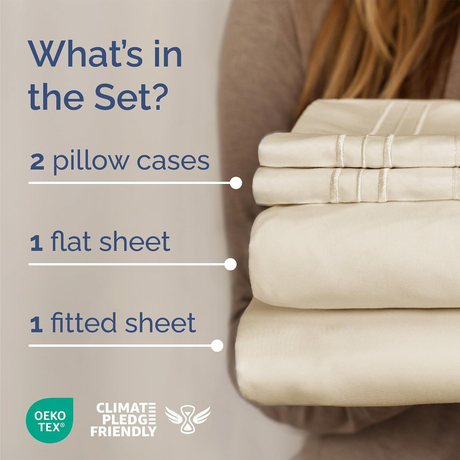 Folded 4-piece queen sheet set with fitted sheet, flat sheet and two pillowcases