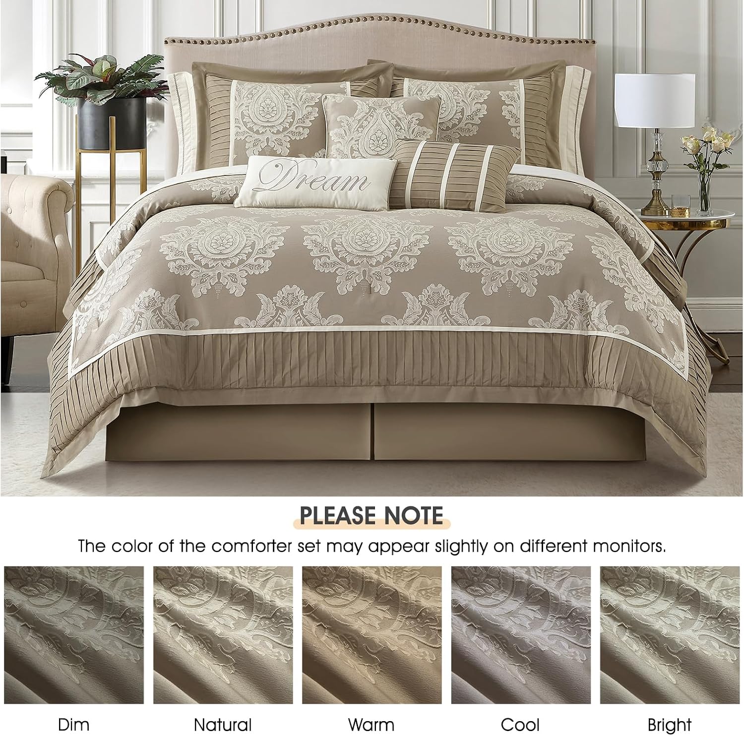 Beige damask jacquard comforter detail with decorative pillows