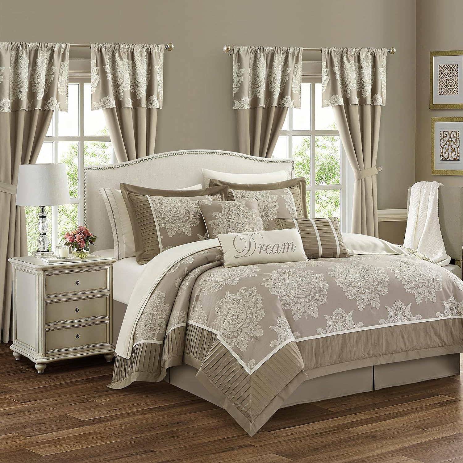 Beige queen comforter set styled on a bed in a bedroom