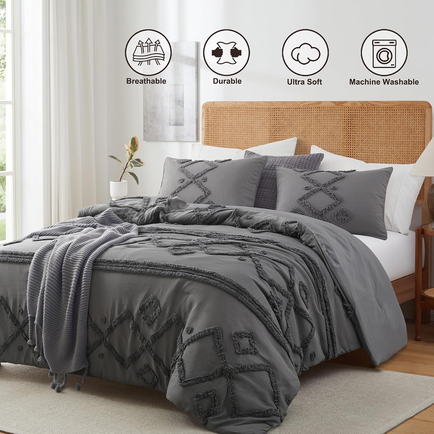 Close-up of grey geometric tufted boho comforter texture