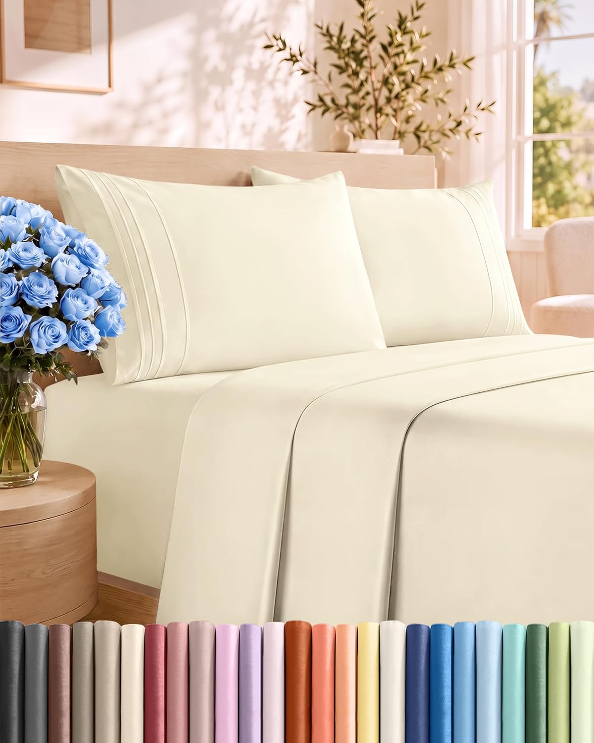 Queen sheets: Queen Size 4 Piece Sheet Set, breathable and cooling, shown made up on a bed