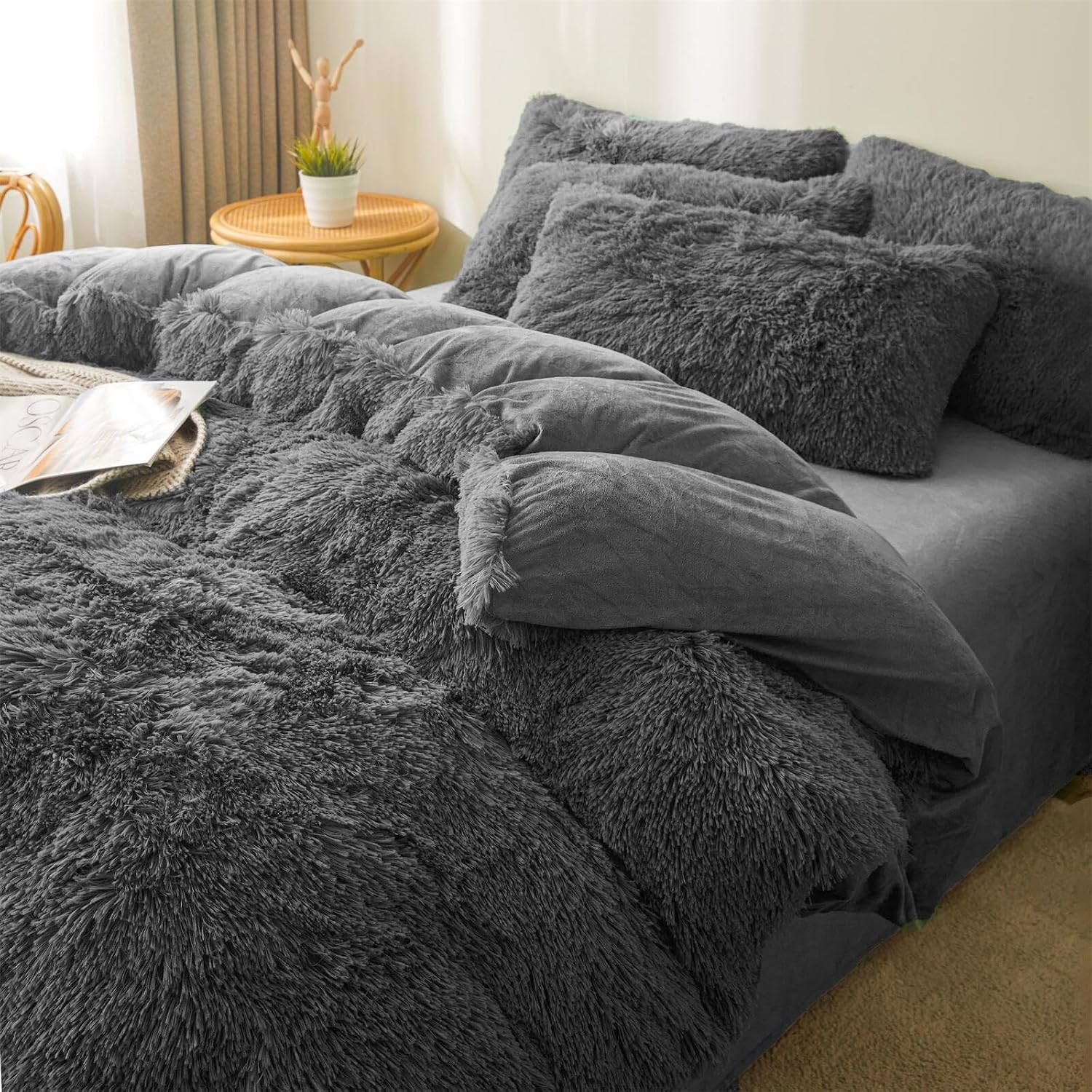 Faux fur comforter set queen in styled cozy bedroom setting