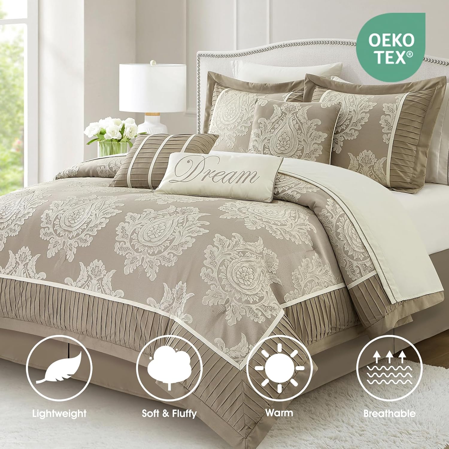 Full 15-piece beige bedding set with comforter, shams, and curtains displayed together