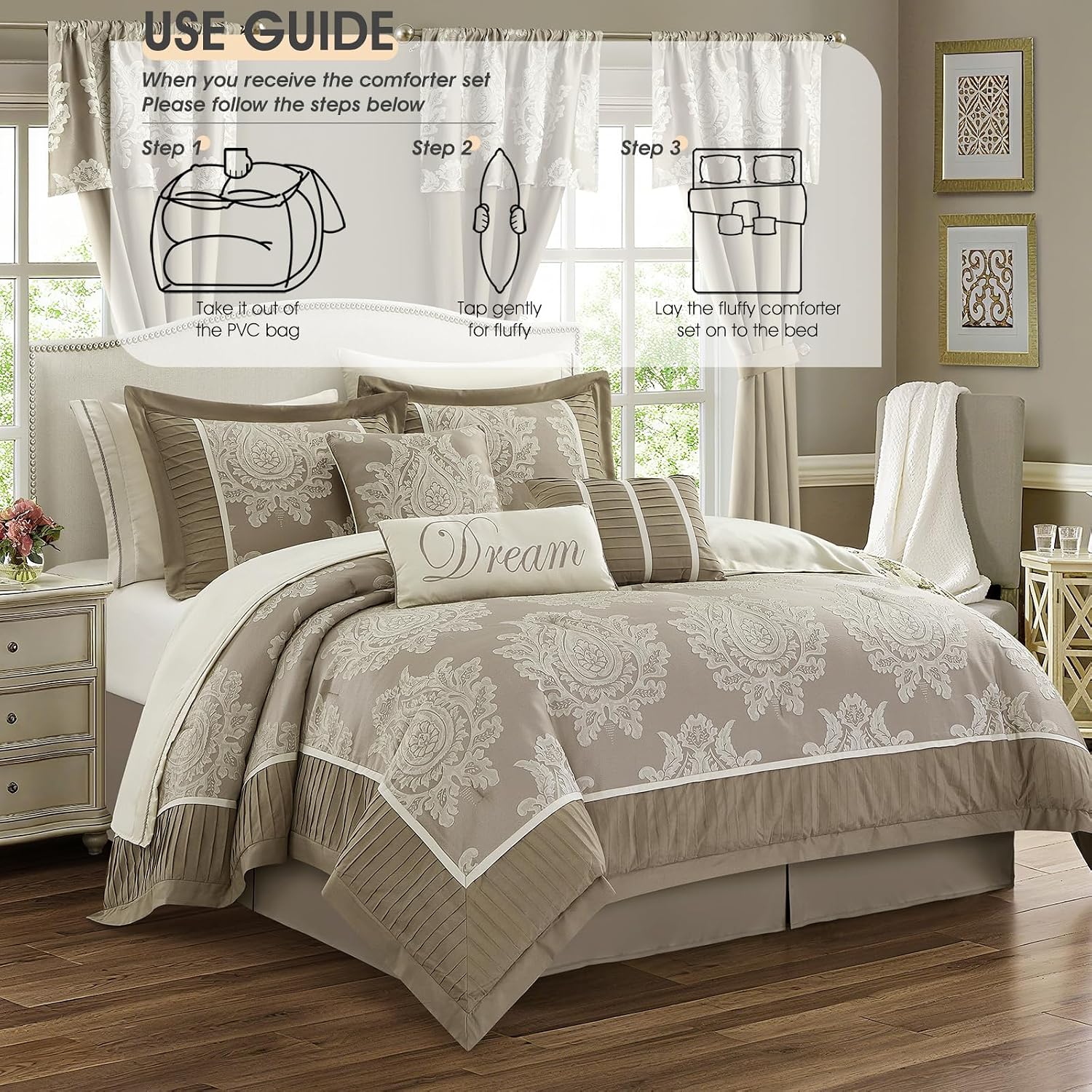 Beige queen comforter set final styled bedroom view