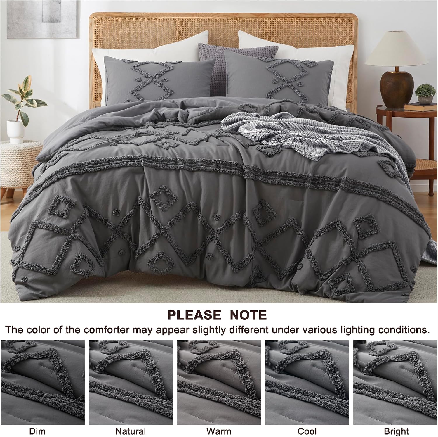 Grey geometric tufted boho comforter set on king bed