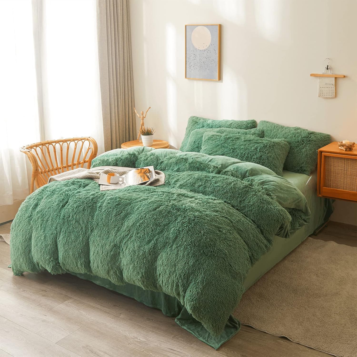 Faux fur comforter set queen styled on bed with pillows